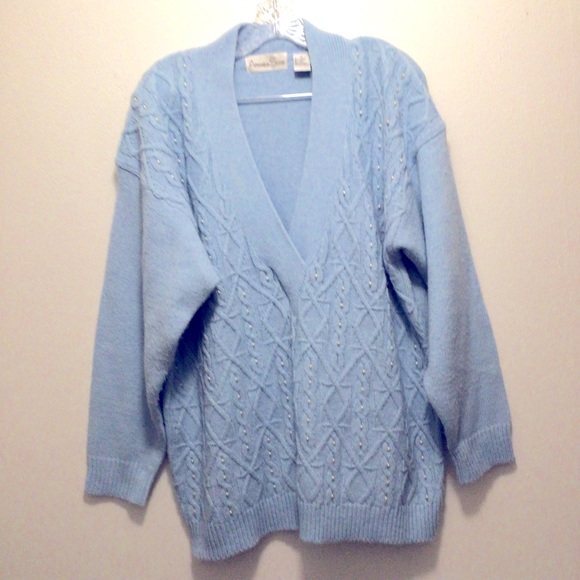 Vintage Amanda Scott 2X v- neck baby blue pullover faux pearl design sweater - Picture 1 of 8